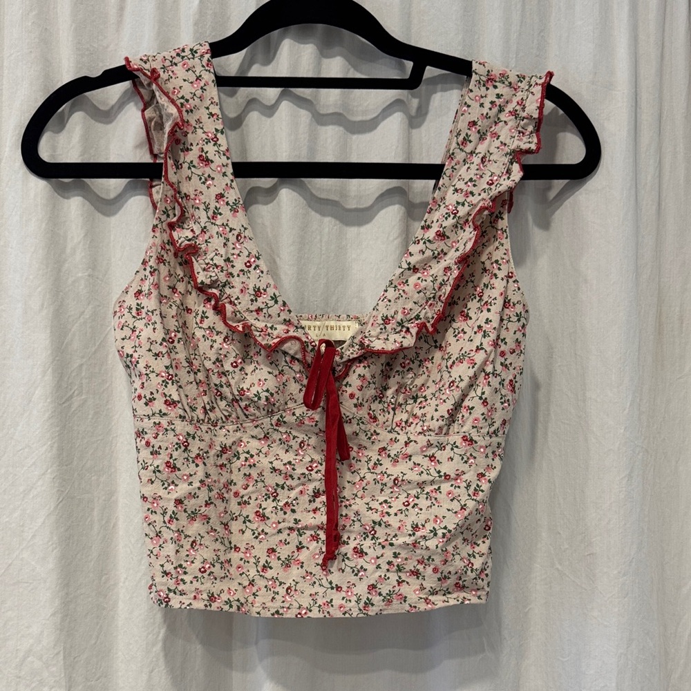 Floral Ruffle Trim Top - Red and Cream